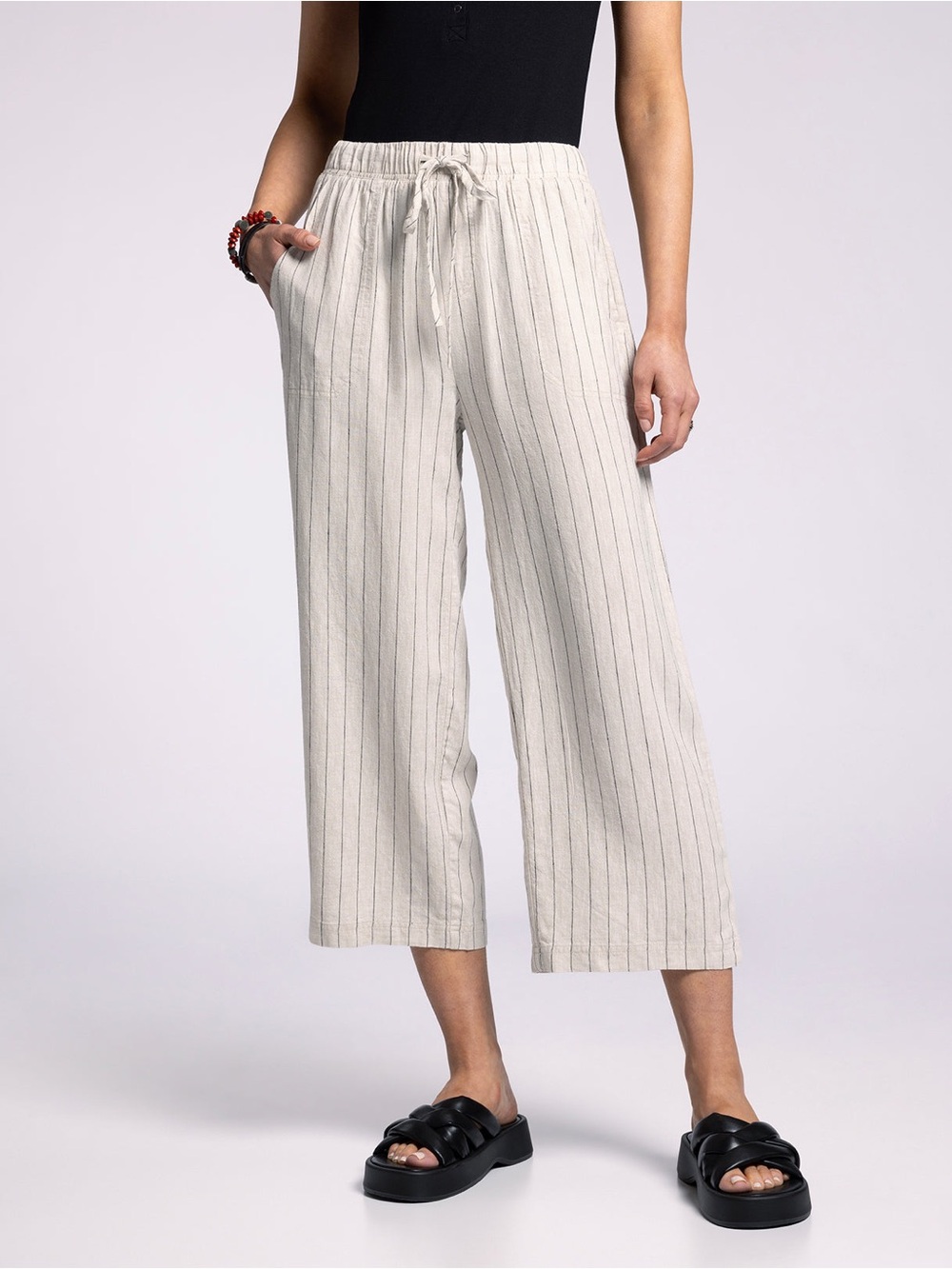 Tread & Supply Lizzy Linen Black Stripe Wide-Leg Pants Size Small